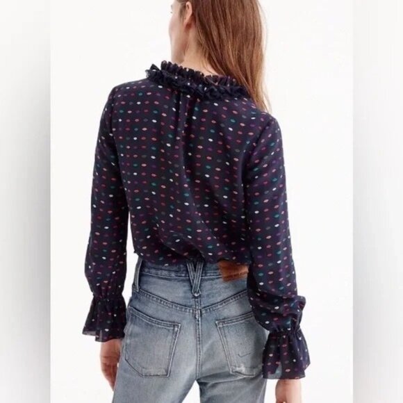 J.Crew Ruffle-Neck Silk Top in Lips Print size 8 Tall Navy Blue 100% Silk - Picture 3 of 12